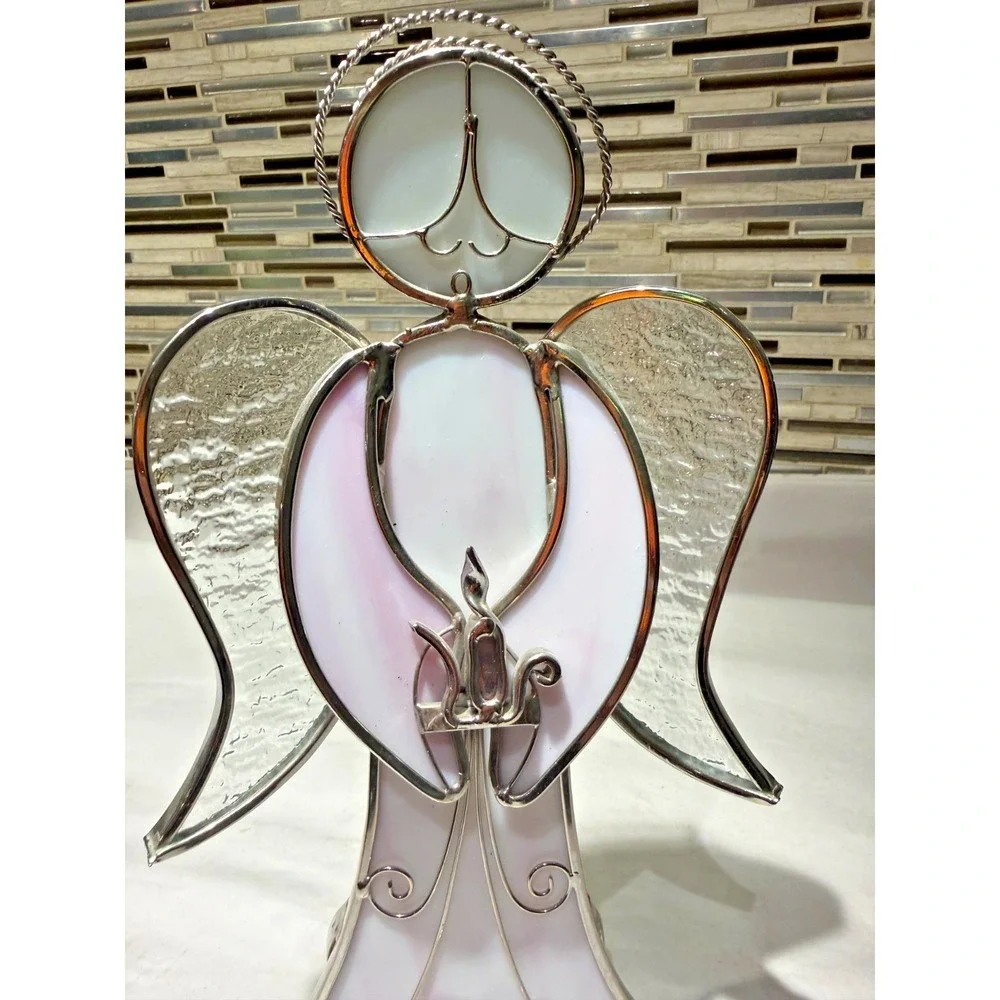 Vintage Stained Glass Angel Candle Holder White Pink Wings Handmade 10